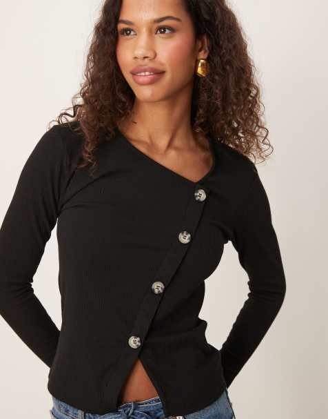 JDY asymmetric ribbed button detail top in black - view 1