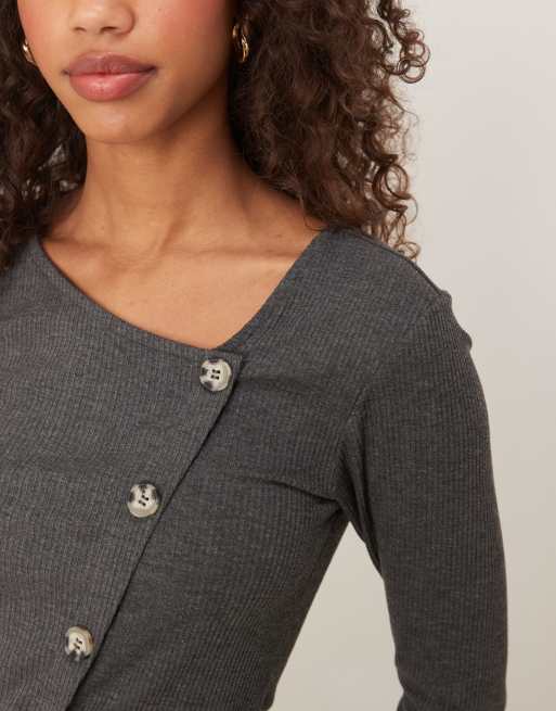 JDY asymmetric ribbed button detail top in dark gray, 4 of 4