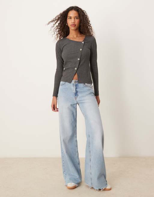 JDY asymmetric ribbed button detail top in dark grey, 2 of 4
