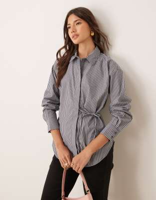 JDY asymmetric tie detail shirt in white and blue stripes