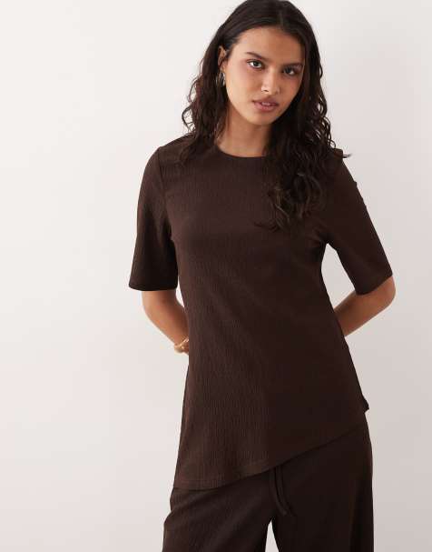 JDY asymmetric top co-ord in chocolate brown - view 1