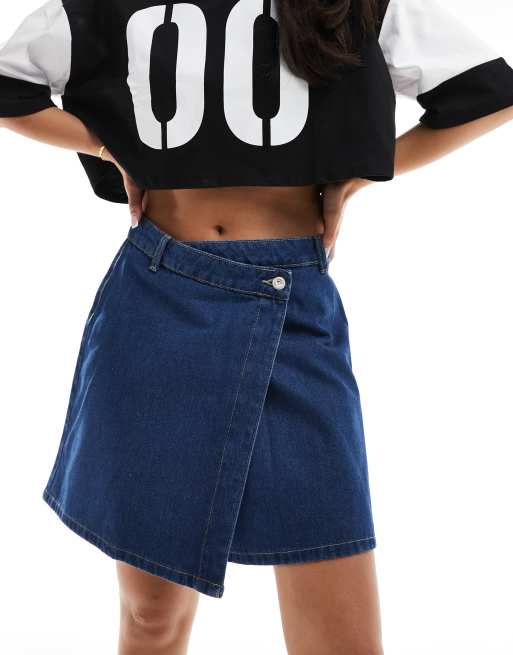 JDY – Asymmetrischer Jeansrock in Mittelblau mit hohem Bund