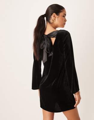 JDY back bow detail velvet mini dress in black