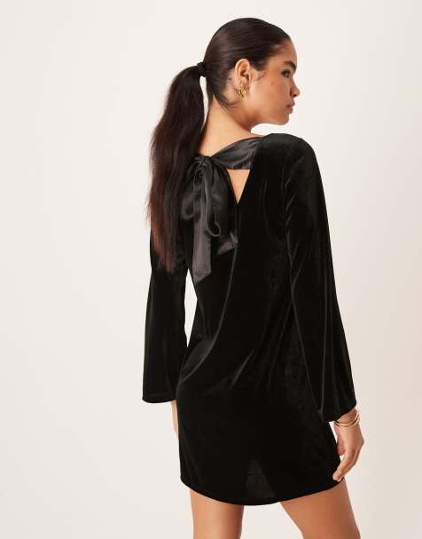 JDY back bow detail velvet mini dress in black - view 1