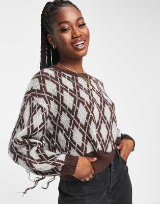 JDY balloon sleeve sweater in brown & gray argyle print