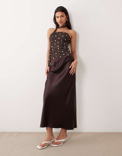 JDY bandeau top with scarf detail in brown polka dots, 2 of 4