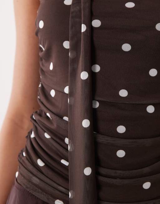 JDY bandeau top with scarf detail in brown polka dots, 4 of 4