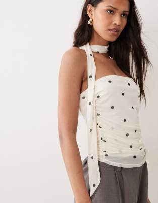 JDY bandeau top with scarf detail in cream polka dots | ASOS