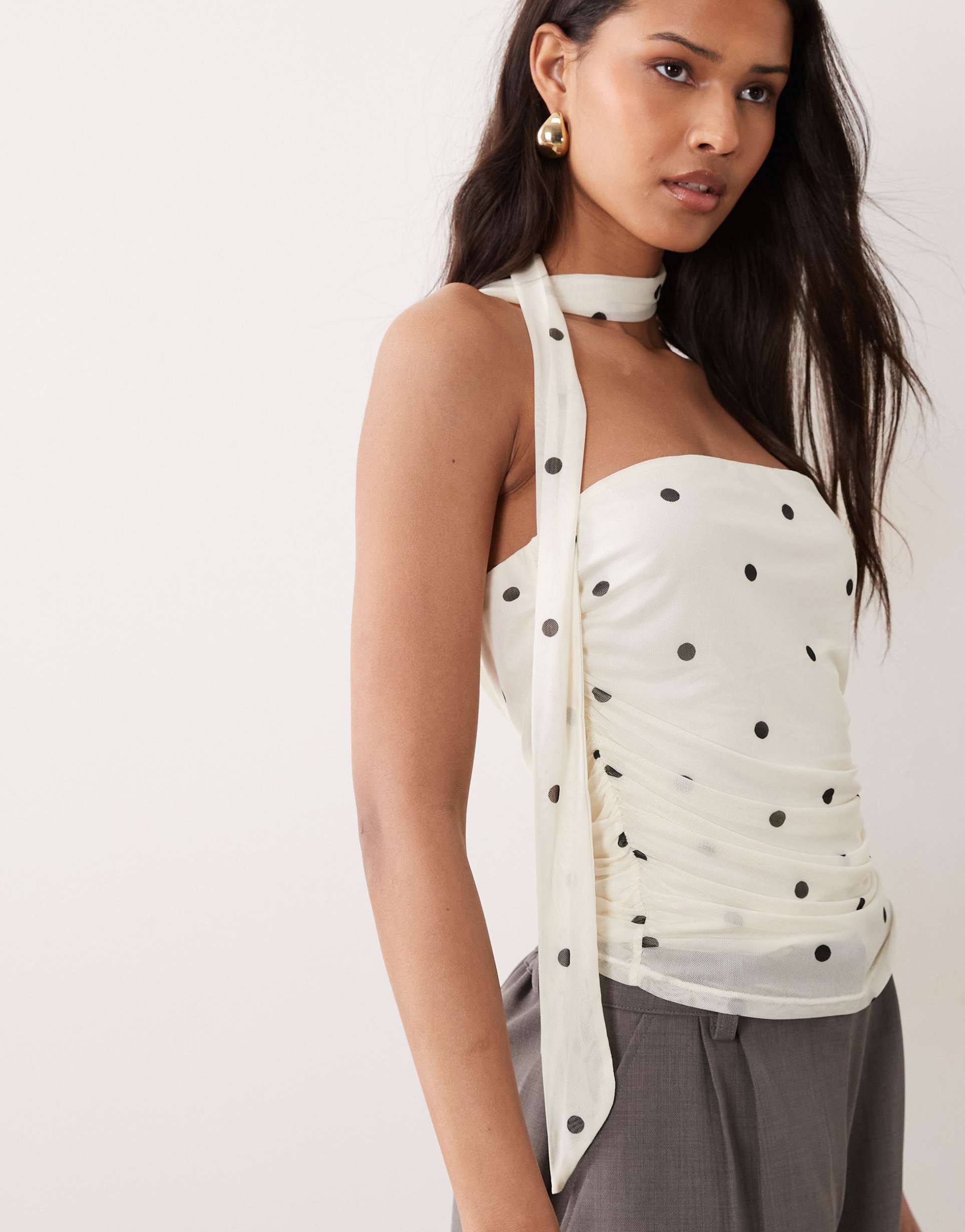 jdy bandeau top with scarf detail in cream polka dots