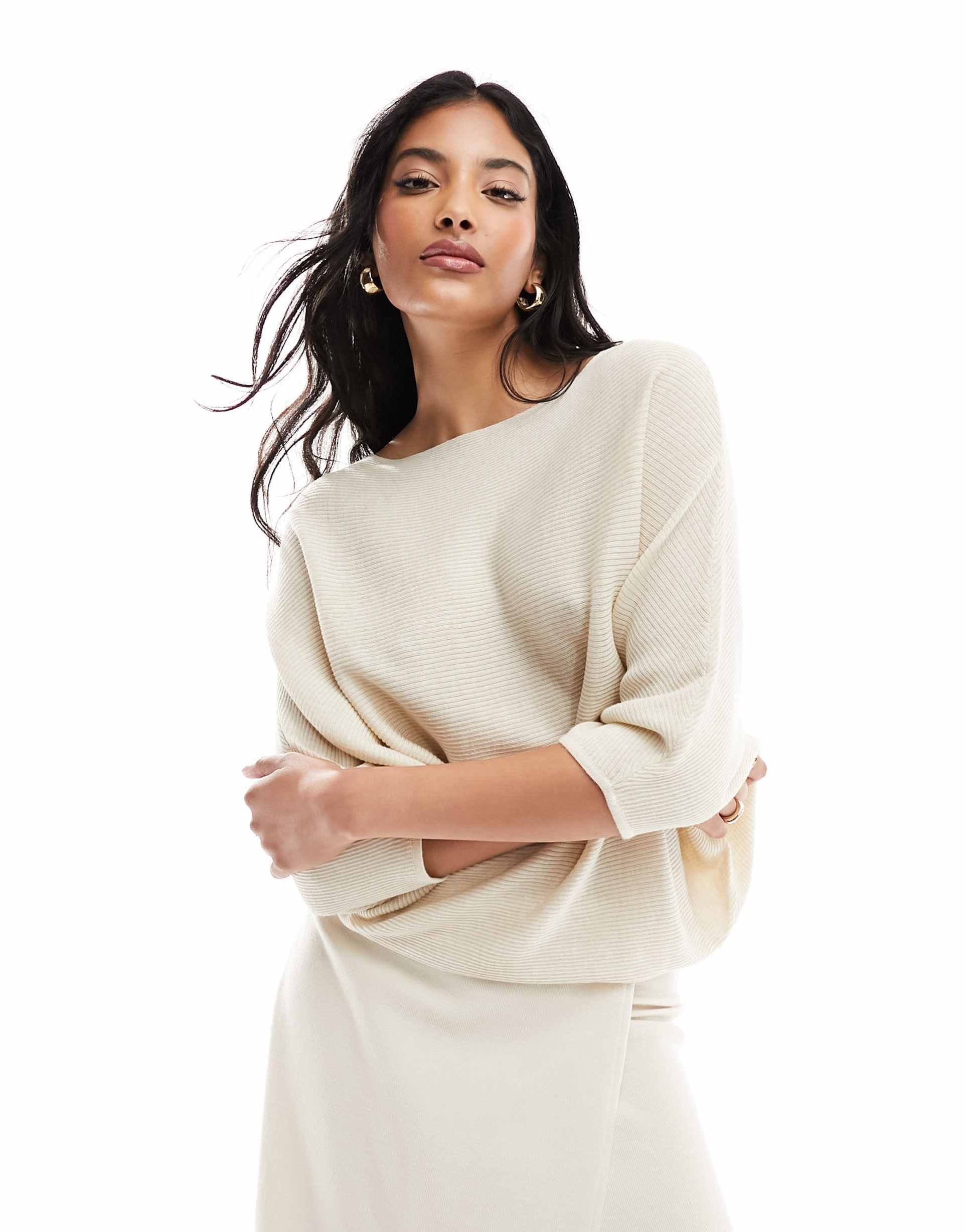 jdy bat sleeve ribbed sweater in cream