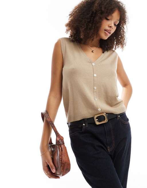 JDY – Beige stickad topp i ärmlös, vändbar design