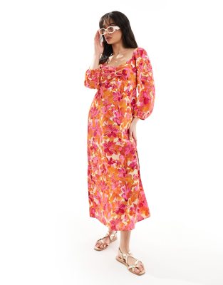 JDY bell sleeve maxi dress with front split in pink floral 