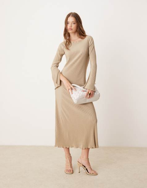 JDY bell sleeve plisse maxi dress in stone - view 1