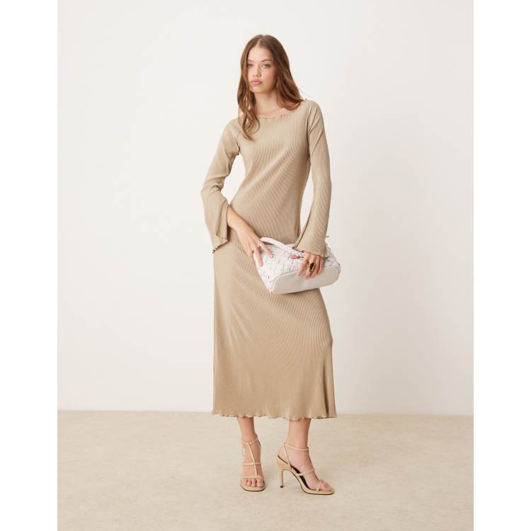 JDY bell sleeve plisse maxi dress in stone | ASOS