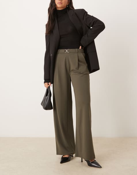 JDY belt detail wide leg trousers in khaki