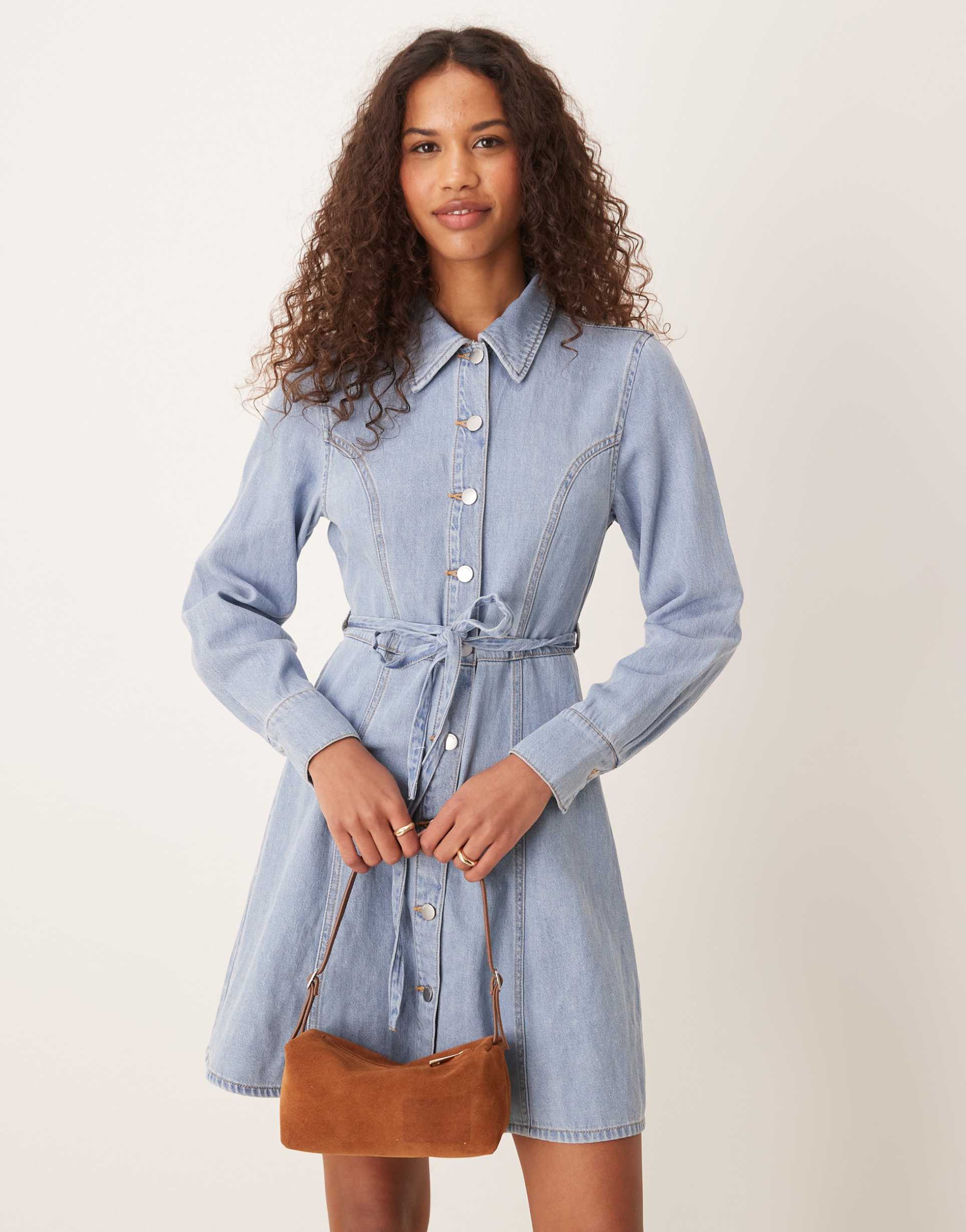 jdy belted denim mini dress in light wash blue