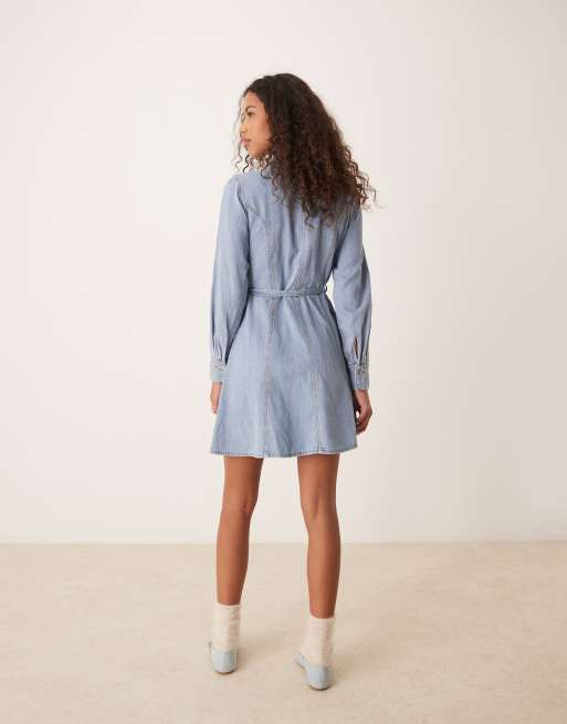 JDY belted denim mini dress in light wash blue | ASOS