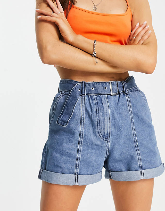 JDY - belted denim shorts with seam detailing in medium blue