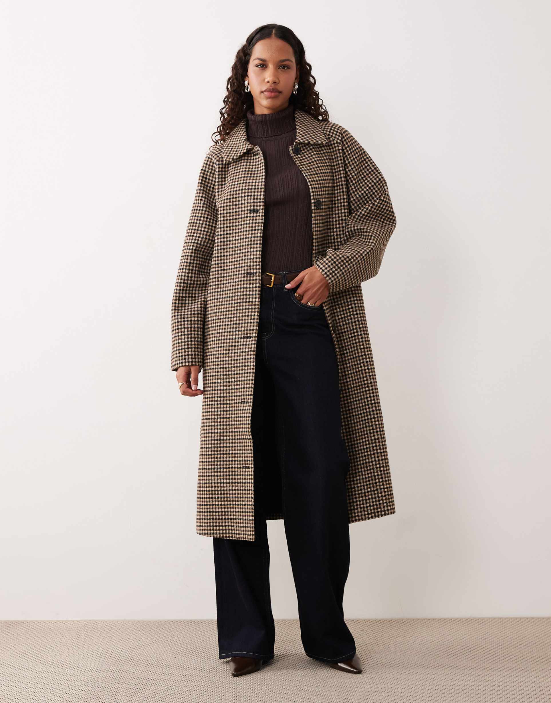 jdy belted longline wool blend coat in brown plaid
