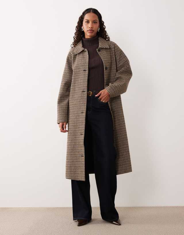 JDY belted longline wool blend coat in brown plaid | ASOS
