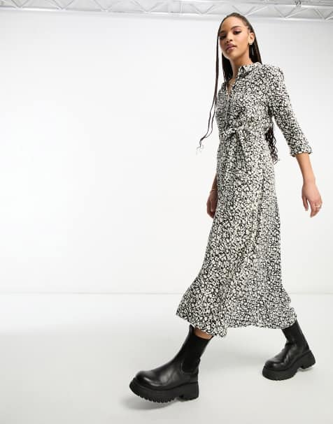 JDY belted maxi shirt dress in black ditsy floral - view 1