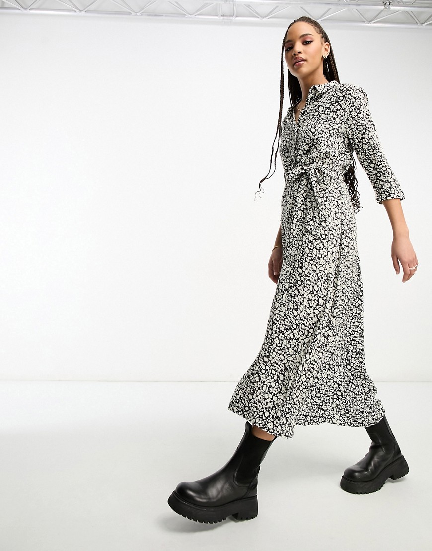 JDY belted maxi shirt dress in black ditsy floral