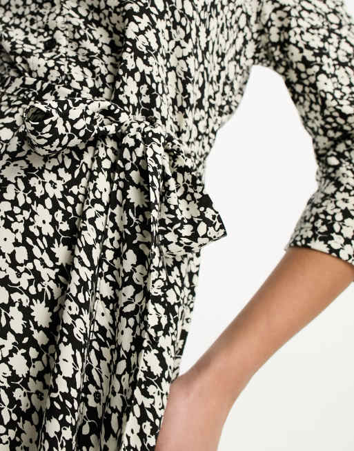 JDY belted maxi shirt dress in black ditsy floral