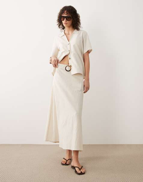 JDY belted maxi skirt  with linen co-ord in oatmeal - view 1