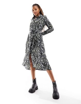 JDY belted midi shirt dress In abstract animal print