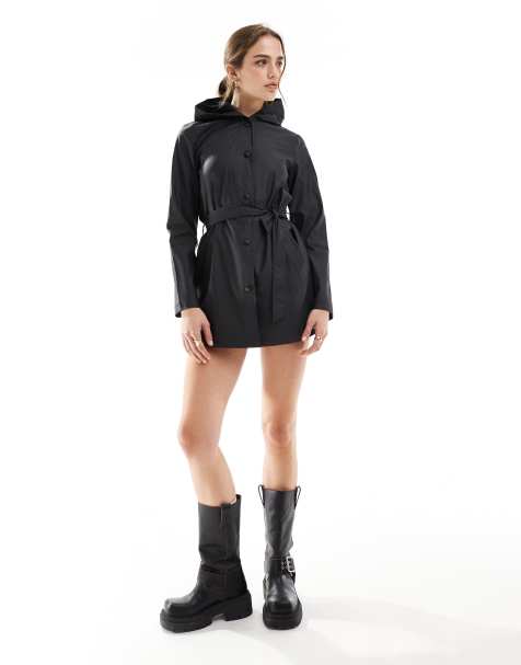 JDY belted raincoat with hood in black - view 1