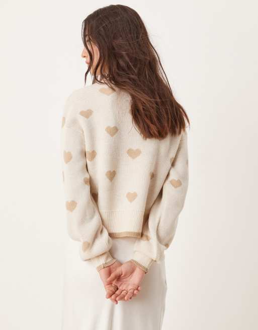 JDY – Beżowy dzianinowy sweter z okrągłym dekoltem we wzór w serca, 4 z 4