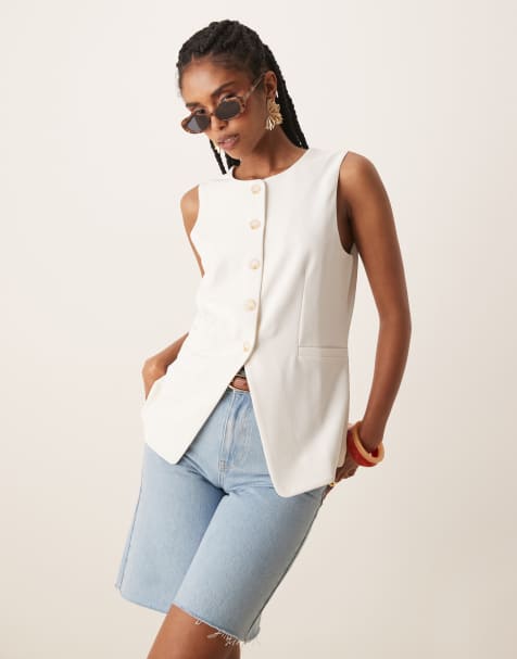 JDY square neck longline waistcoat in white