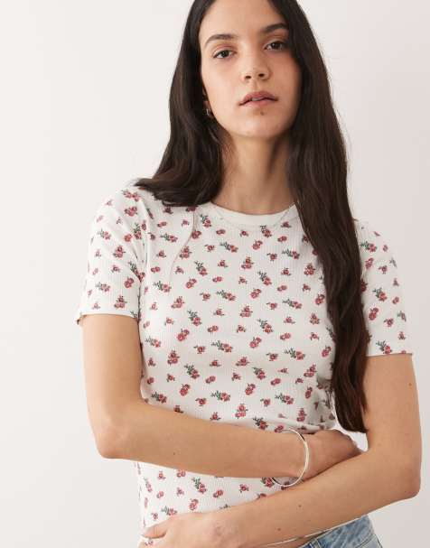 JDY – Biały prążkowany T-shirt z nadrukiem róży - view 1