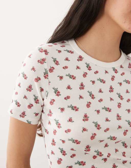 JDY – Biały prążkowany T-shirt z nadrukiem róży, 2 z 4