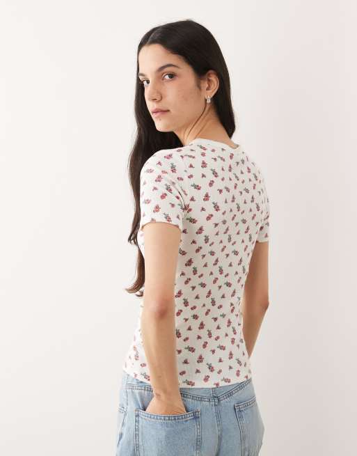 JDY – Biały prążkowany T-shirt z nadrukiem róży, 4 z 4
