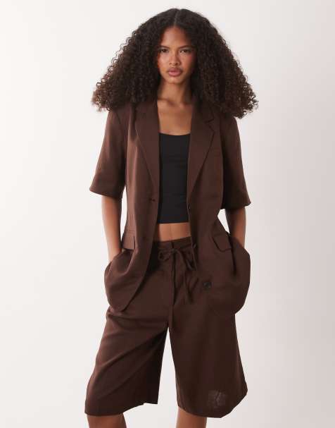 JDY - Blazer d'ensemble ajusté en lin mélangé à manches courtes - Marron - view 1