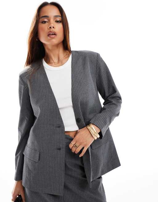 JDY - Blazer d'ensemble sans col à fines rayures - Gris 