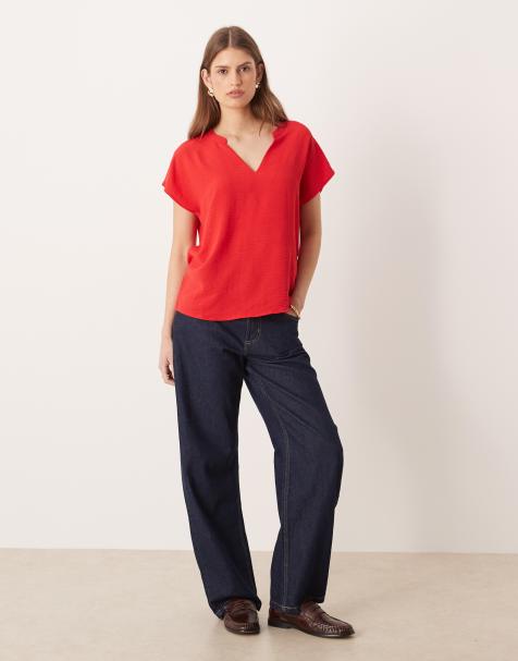 JDY - Blouse à col V et manches courtes - Rouge - view 1