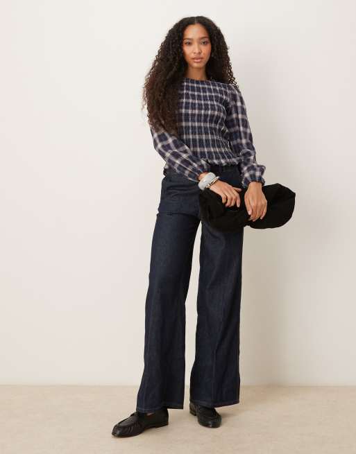 JDY - Blouse manches longues avec détail froncé en vichy - Bleu, 2 de 4