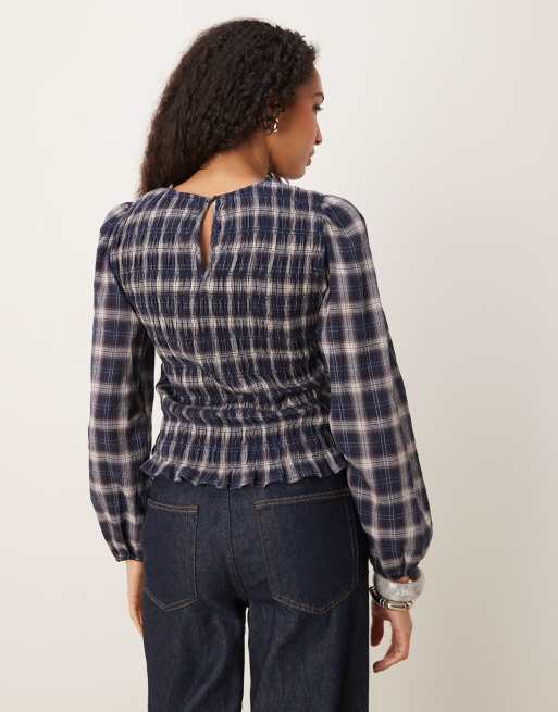 JDY - Blouse manches longues avec détail froncé en vichy - Bleu, 3 de 4