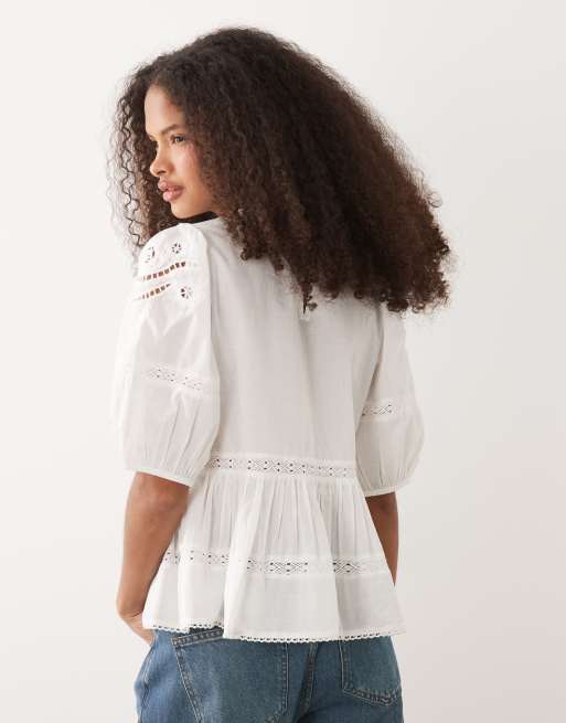 JDY - Blouse met kanten details en korte mouwen in wit, 4 van 4