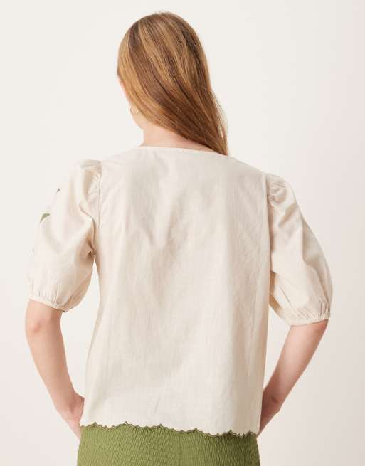 JDY - Blouse met strik aan de voorkant en groene geborduurde details, 3 van 4