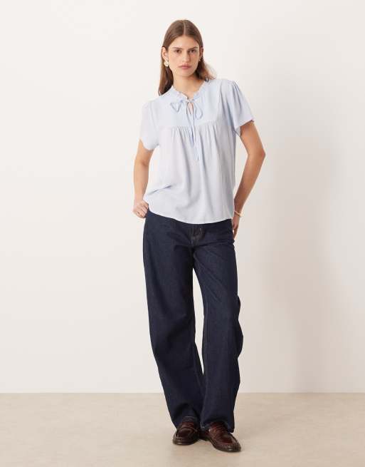JDY - Blouse met textuur en korte mouwen in lichtblauw, 4 van 4