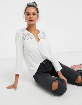 JDY - Blusa bianca con maniche a tre quarti con scollo a V e pannelli in pizzo, colore bianco
