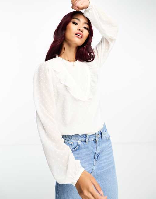 JDY - Blusa bianca con volant e inserti in pizzo