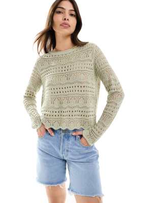 boat neck broderie long sleeve top in sage-Green