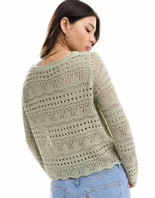 Jdy Boat Neck Broderie Long Sleeve Top In Green