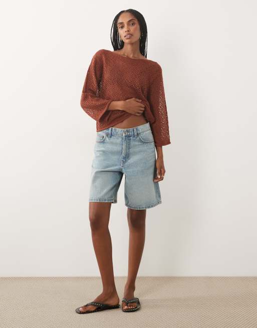 JDY boat neck crochet top in burgundy, 2 of 4