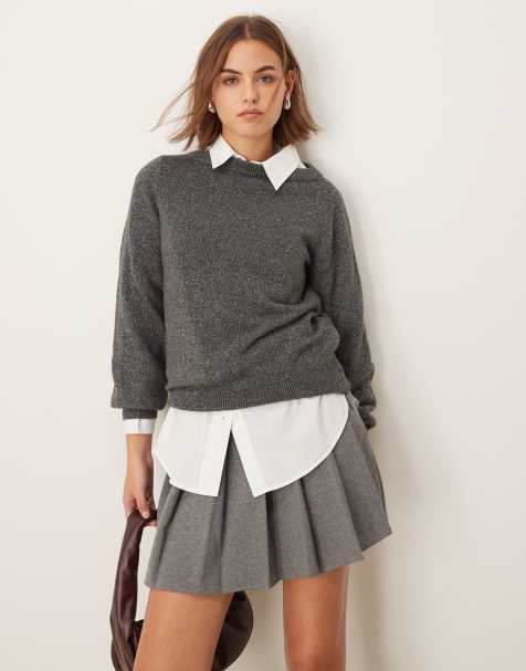 JDY boat neck glitter jumper in dark grey  - view 1