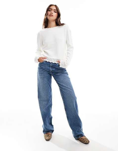 JDY boat neck hem detail jumper in cream - view 1